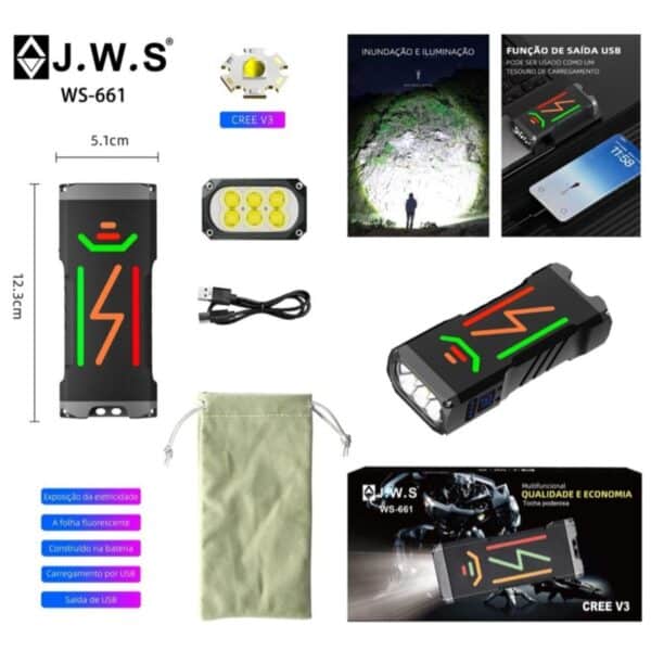 Lanterna LED Tática Multifuncional J.W.S WS-661 com Power Bank USB Recarregável