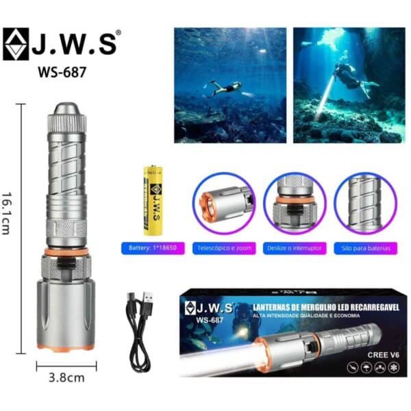 Lanterna Tática Profissional | JWS WS-687 | Led V6 | Recarregável USB-C