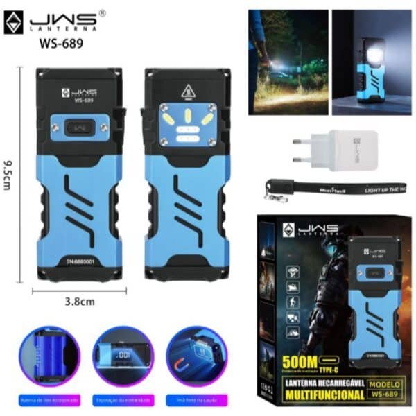 Lanterna Tática Led | JWS WS-689 | Recarregável | Alcance até 500 Metros | Com Imã