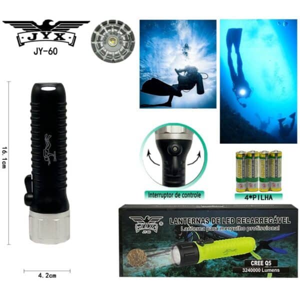Lanterna de Mergulho Profissional 15m | JYX JY-60 | LED CREE Q5 | IPX8
