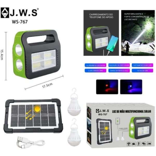 Lanterna Multifunção WS-767 | Recarregável 5 em 1 | Kit Solar + 2 Lâmpadas e Power Bank