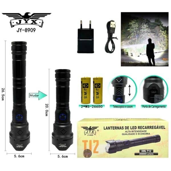 Super Lanterna Tática | JYX | JY-8909 | Led T12 Recarregável - Kit Completo