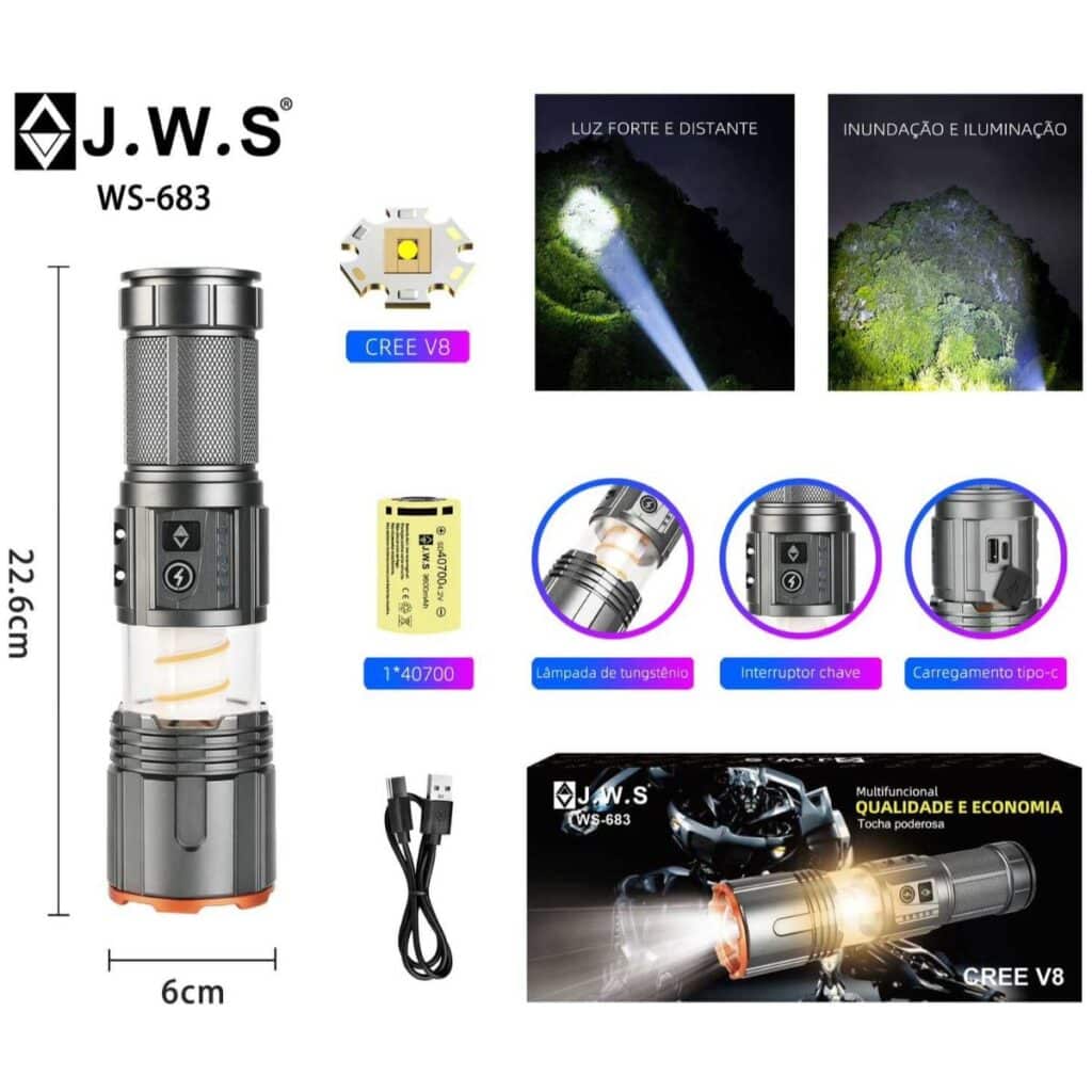 Lanterna Tática JWS | WS-683 | LED V8 Potente | Recarregável USB-C | Lampião