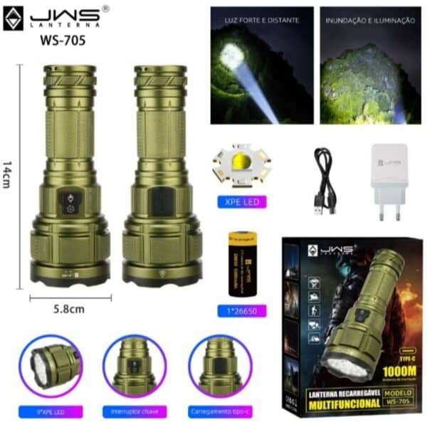 Lanterna Tática JWS | WS-705 | Corpo Verde | 9 Leds XPE | Longo Alcance USB-C