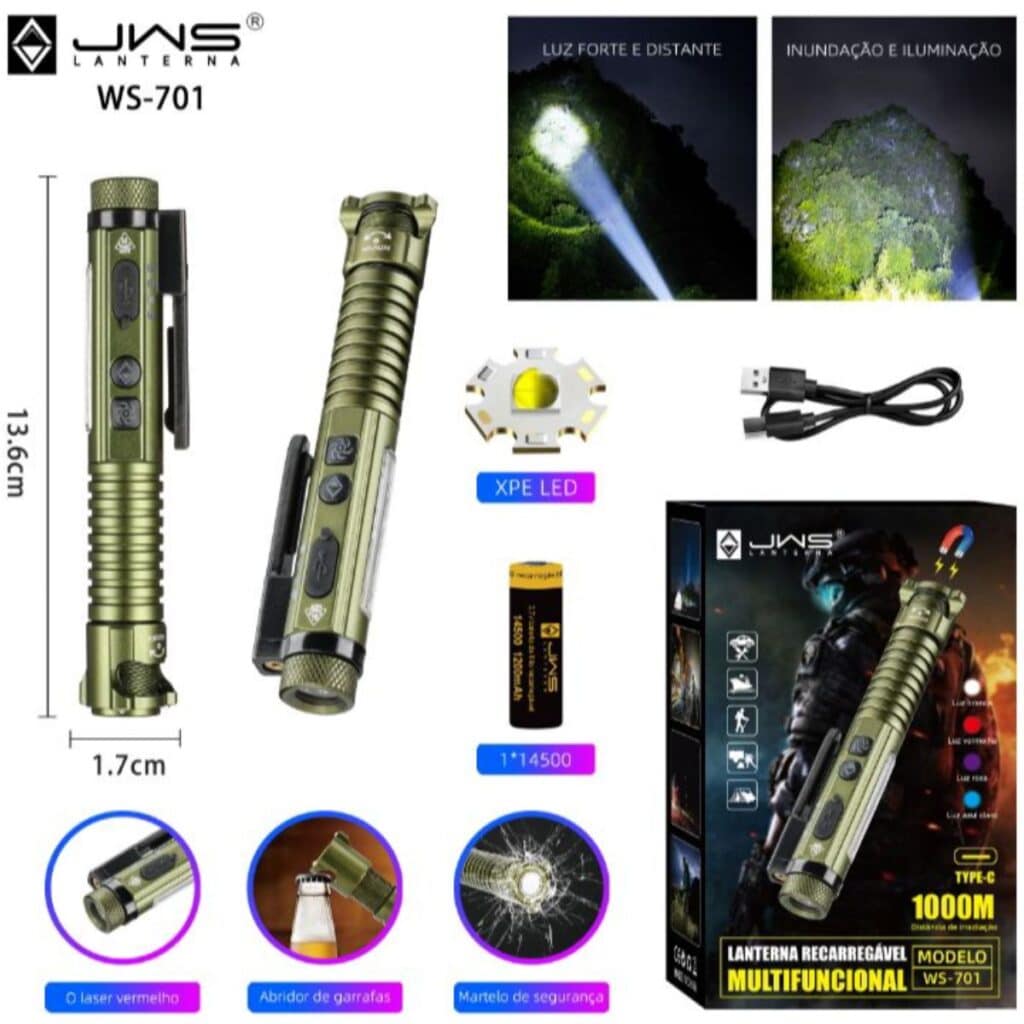 Lanterna Tática | Multifuncional | JWS WS-701 | Recarregável USB-C | Led UV