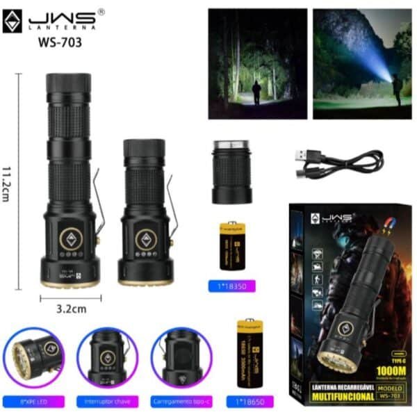 Mini Lanterna Tática | JWS WS-703 | Potente 8 Leds XPE | USB-C com 2 Baterias