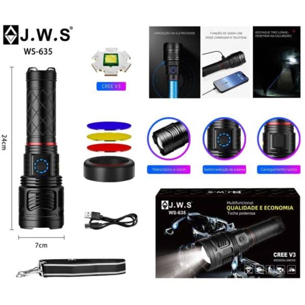Super Lanterna Tática Profissional WS-635  LED V3 Recarregável USB-C + 3 Lentes