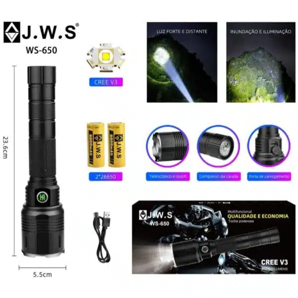 Lanterna Tática Led V3 | JWS WS-650 | Profissional | Bússola, Zoom e Indicador de Carga