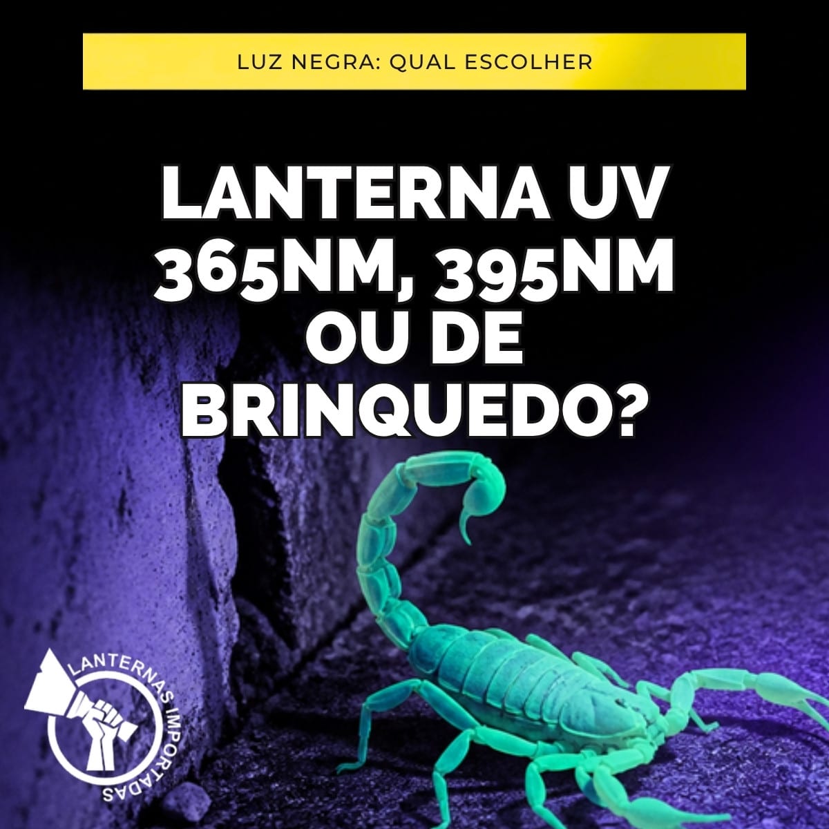 Escorpião brilhando verde-azulado sob luz ultravioleta de lanterna UV